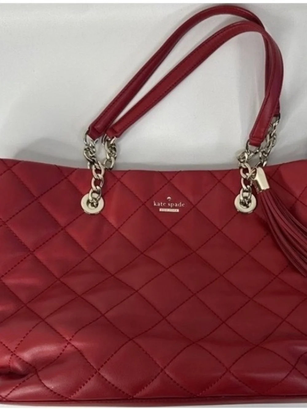kate spade Quilted Emerson Priya Red Leather Tote with Tassel and Chain Straps
